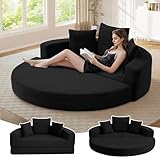 TTK 67” Oversized Round Sofa Bed, 2 in 1 Convertible Circle Bed Folding Futon Lazy Floor Round Chaise Lounge Chair Comfy Corduroy Boneless Loveseat Couch for Living Room Apartment No Assembly (Black)