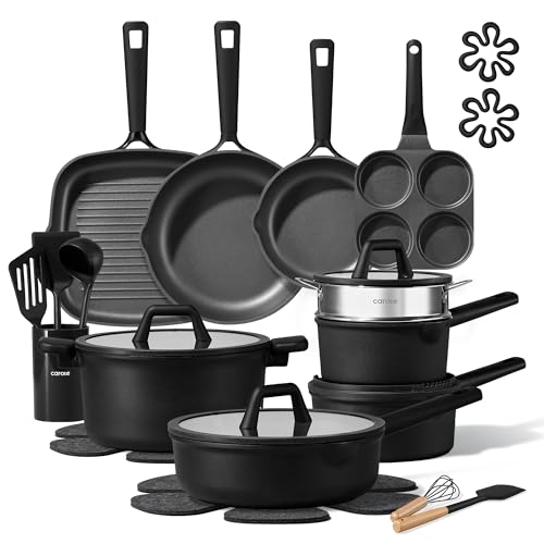 Image of CAROTE 28PCS Pots and Pans Set, Nonstick Cookware Set Kitchen Non Stick Induction Titanium Cookware Non-toxic Granite Cooking set, PFOA Free, Black