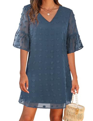 Image of Blooming Jelly Womens White Dresses Short Sleeve V Neck Ruffle Cute Sun Dress Chiffon Flowy Shift Mini Dress