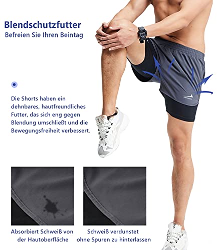 Foto von Herren Laufshorts 2 in 1 Shorts Gym Athletic Shorts Outdoor Marathon Workout Trainingsshorts Grau XL