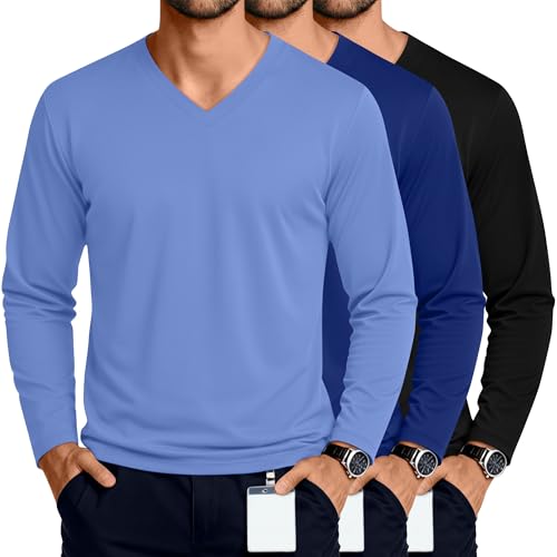 JoyMotion 3 Pack Mens Big and Tall Long Sleeve V Neck Shirts 3Color 5XL