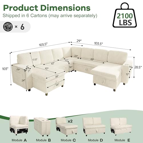 Image of Sleeper Sectional Couch, Sleeper Sofa Bed with Pull Out Bed, Oversized Corduroy Couch for Living Room, Bedroom and Apartment, Modular Corner Sofa with Storage, Beige