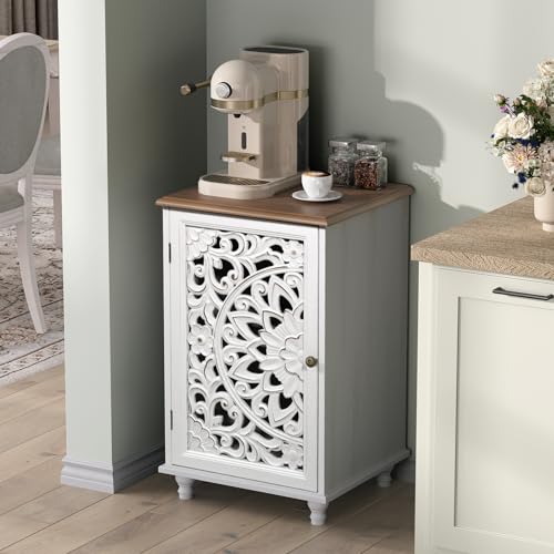 Image of JOINICE Accent Cabinet with Hand-Carved Door for Living Room /Bedroom | Hand-Carved Floral Design, Boho /Farmhouse /Rustic Style, Space-Saving, Sofa Table /End table, Solid Wood Legs, Adjustable Shelf