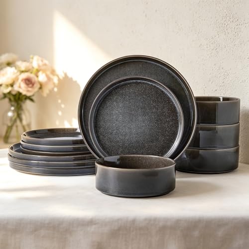 Image of Dinnerware Sets for 4, ceramics Plates and Bowls Set, 12-Piece Modern Stoneware Dinnerware - Chip Resistant, Non-Toxic, Dishwasher and Microwave Safe Tableware, Black