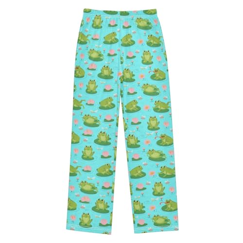 Frog Lotus Floral Boys Long Pants Soft Trousers Elastic Waist Kids Lounge Bottoms with Pockets S-XL