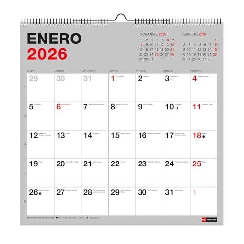 Miquelrius - Calendario 2026 de pared Basic, Organizador anual 300 x 300 mm, Con espacio para anotar, Encuadernación espiral doble, Planificador 12 meses, Español