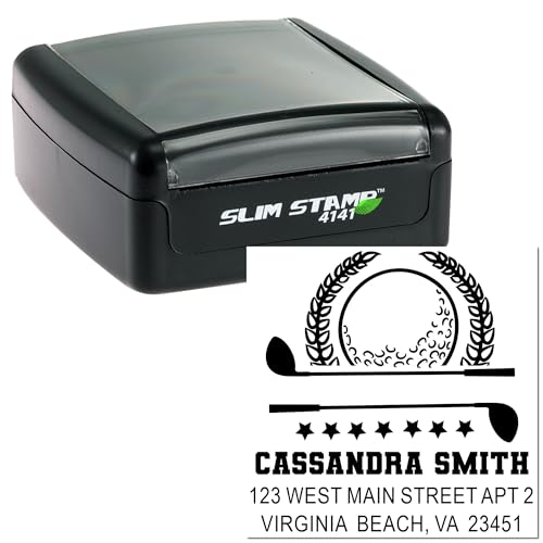 Image of Golf Champion Crest Slim Pre Inked Return Address Stamp Personalized | Small Stamp. Custom Made Golf Stamp. Choice of 5 ink colors. Oil-based ink. 3 lines of custom text. Engraved after you order.