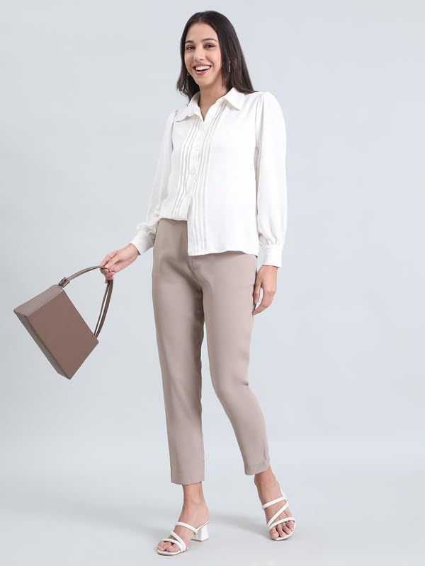 Image of GO COLORS Solid Formal Crepe Pants for Women | Mid Rise, Side Pocket