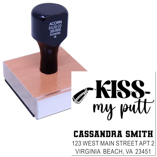 Image of Kiss My Putt Golf Wood Handle Rubber Stamp - Crafter Address Stamp | Any standard pad works. Golf Course Stamp. Manual Address Stamp. 3 lines of custom text. Nothing to dry out. Nothing preset.