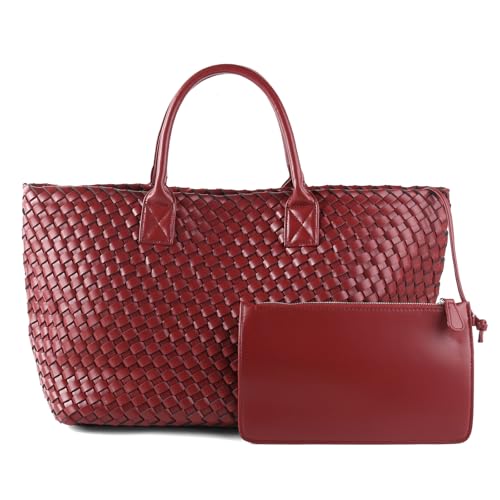 Image of Woven Tote Bag for Women Retro Handwoven Shoulder Travel Handbag Large Capacity Hobo Vegan Leather Bags with Purse