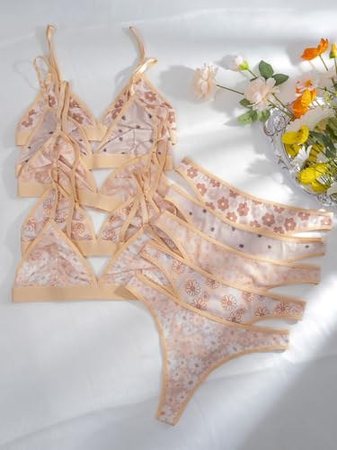 Image of BEAUDRM Women's 5 Sets Matching Bra and Panty Set Polka Dots Print Lingerie Set Triangle Bralettes and Low Rise Thong Set