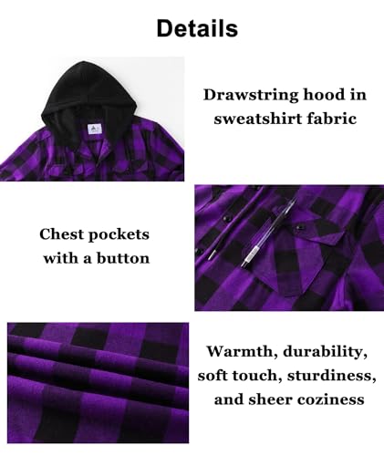 Image of Hooded Flannel Shirts for Men Plaid Long Sleeve Flannel Jacket Hoodies | Button-Down, Lightweight Coat, Classic Plaid Shirts with Hood, Flannel Hoodies with Pocket