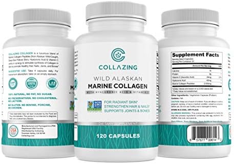 C COLLAZING - Alaskan Wild-Caught Marine Collagen Peptides + Hyaluronic Acid + Vitamin C, for Beautiful Skin, Hair and Nails, 120 Capsules