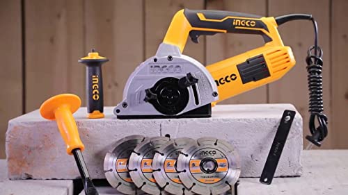 INGCO WLC15008 1500W Wall Chaser/Slotter/Grooving Machine with 4 Diamond Blades -125mm, Adjustable Cutting depth-29mm Width 30mm Brick Concrete Cutter for Industrial Building Construction (Yellow)