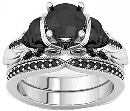 2.80 Ct Round Cut Onyx Black Simulated Diamond Skull Engagement Wedding Ring Set Sterling Silver Rhodium Plated White Gold Finish (5)
