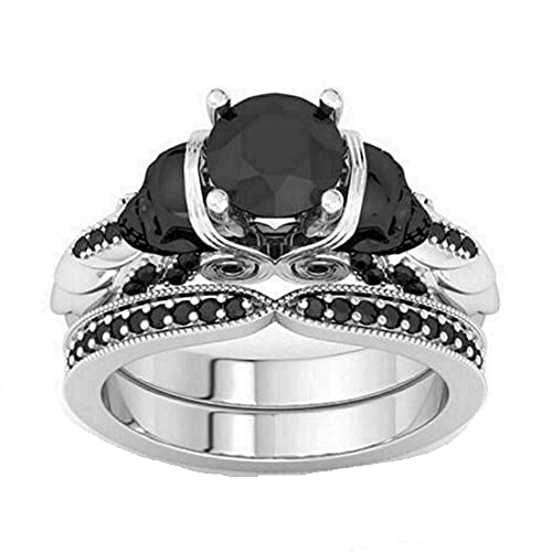 2.80 Ct Round Cut Onyx Black Simulated Diamond Skull Engagement Wedding Ring Set Sterling Silver Rhodium Plated White Gold Finish (5) #TOP3