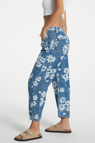 D-Sun Women Printed Barrel Jeans Casual Low Rise Floral Printed Cropped Wide Leg Denim Pants Boyfriend Baggy Jean with Pocket3
