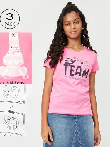 Image of Max Girl's Cotton Regular Fit Graphic Printed T-Shirt - Pack of 3