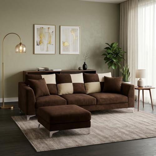 Image of Romeo Rich 4 Seater L Shape Sofa Set with Movable Ottomans | Flexible Layout | Velvet Suede Fabric | Golden Aesthetic Legs |Modern Sofa for Living Room (Dark Brown)