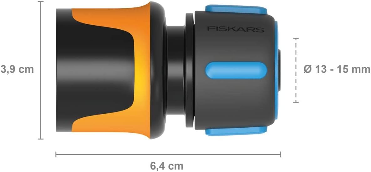 Fiskars hose connector, SoftGrip contact points, universal size, Ø 1.3-1.5 cm (1/2-5/8''), 30 g, black/orange/blue, 1027072