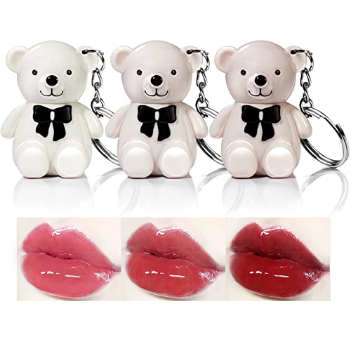 Hosaily 2 In 1 Keychain Bear Lipsticks, 3 Colors High-Shine Hydrating Plumping Lip Gloss Glaze Set, Shiny Glossy Lip Tint Moisturizing Smooth Long Lasting Waterproof Lip Gloss Cute Bear Beauty Makeup #TOP16