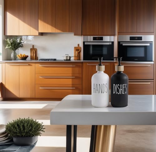 Beautiful Kitchen Hand and Dish Soap Dispenser Set with Wooden Base | Dispenses Dishsoap and Hand Wash Liquid | Black Fortified Glass Bottles with Pump | Refillable | Stylish Black White - Cosy Home Interiors Beautiful Kitchen Hand and Dish Soap Dispenser Set with Wooden Base | Dispenses Dishsoap and Hand Wash Liquid | Black Fortified Glass Bottles with Pump | Refillable | Stylish Black White - Image 8