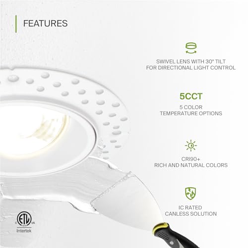 ASD Trimless 3 Inch Gimbal LED Recessed Light, 12W 120V Canless LED Downlight, Adjustable Dimmable Directional Ceiling Light with J-Box, 5 CCT 2700K-5000K, CRI 90+ IC Rated Airtight, ETL White 18 Pack by ASD - Image 3