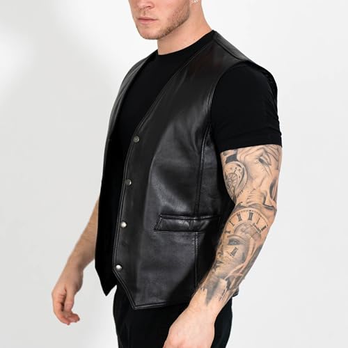 Image of BRICK LANE Men's Leather Vest | V-Neck Western Design Waistcoat with 4 Pockets - Lamb Nappa Leather Lightweight Jacket