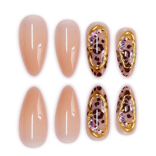 Image of Leopard Print Press on Nails Medium Almond Fake Nails Nude False Nail with Gold Line Design Glossy Full Cover Glue on Nails Artificial Acrylic Stick on Nail for Women Manicure 24Pcs