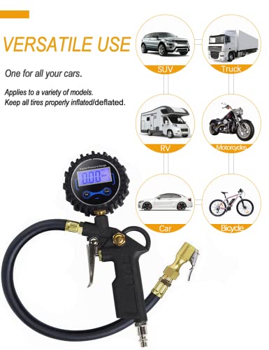 Swicars Digital Pressure Gauge With Tire Inflator, 250 Psi Air Chuck And Compressor Accessories Heavy Duty With Quick Connect Coupler, 0.1 Display Resolution, Car Accessories For Truck, Suv, Rv, Black #TOP4