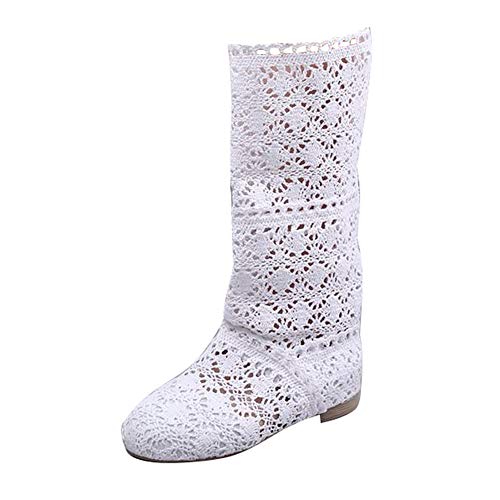ORANDESIGNE Damen Sommer Stiefel Hohl Spitze Stiefeletten Flach Stickerei Hohe Stiefel Mesh Schlupfstiefel Weiß EU 40 Weiß 40 EU