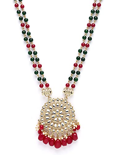 Image of Karatcart Red & Green Beaded Long Kundan Rani Haar Necklace Set for Women