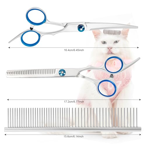3 Stück Hundeschere Gebogene Schere Hund Fellschere Edelstahl Hunde Schere für Hunde Katzen Haustiere mit Schneiden Schere, Verdünnung Schere, Pflege Kamm (Blau, 3in1)