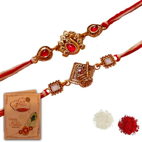 Image of Rakhi For Brother | Elegant Kundan Gold Plated Metal Rakhis For Brother Bhai Rakhi With Roli Chawal and Greeting Card (Set of 2 Rakhis)