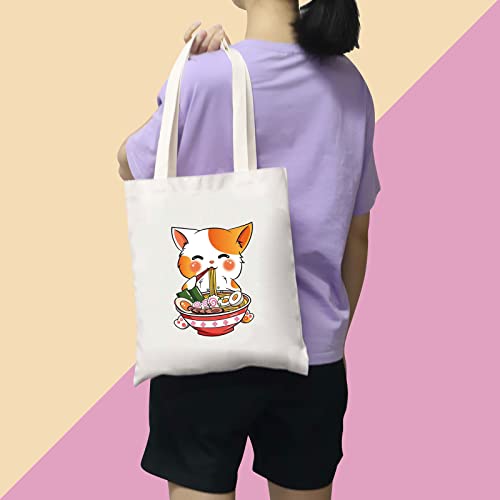 Bdpwss Cat Mom Tote Bag Ramen Cat Neko Anime Kawaii Gift Cat Lover Canvas Shoulder Bag Crazy Cat Lady Gift Ramen Fans Handbag (Cat Ramen Tg) #TOP3