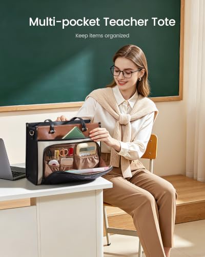 Image of LOVEVOOK Quilted PU Leather Teacher Tote Laptop Bag Work Purse for Women | Large Cup Holder, Professional Waterproof Handbag Briefcase, Gifts for Business Office Nurse Mom College Travel Daily Leiure