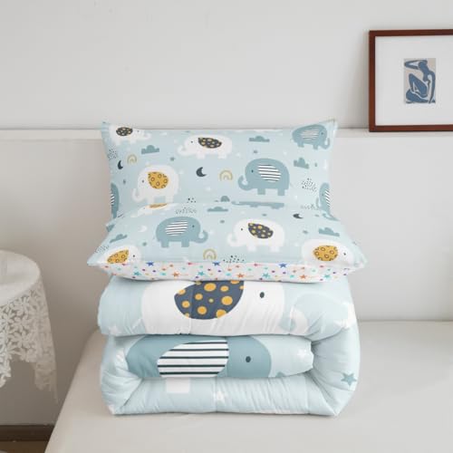 Image of Feelyou Cartoon Elephant Bedding Set for Boys Girls Toddler, Kids Zoo Animal Comforter Set Rainbow Elephant Comforter Wildlife Duvet Set 2Pcs