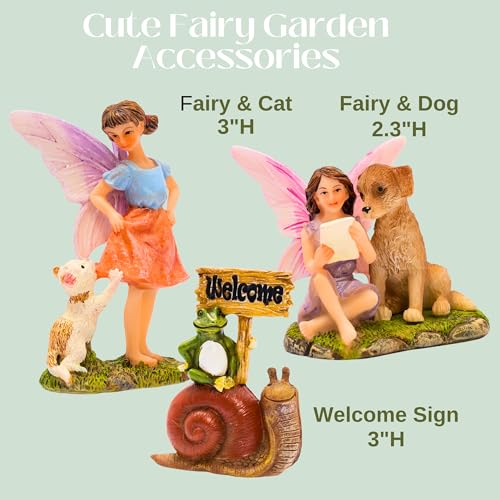 PRETMANNS Fairy Garden House Kit – Complete with Accessories for an Outdoor Miniature Garden, Figurines with a Frog and Snail Sign - House 15 cm High with Door that Opens – 4 Pieces