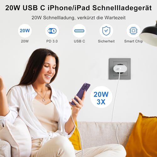 2 Pack 20W Schnellladegerät und Schnellladekabel für iPhone , Ladegerät mit iPhone Ladekabel 2M und 1M… – Ansicht 2