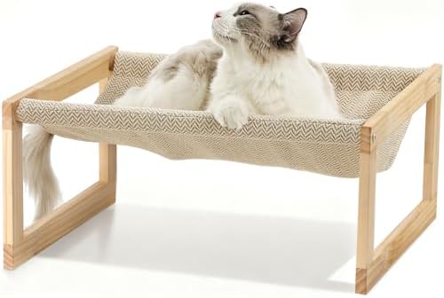 FUKUMARU Dog Bed, Large Breathable Elevated Cat Hammock, Wooden C...