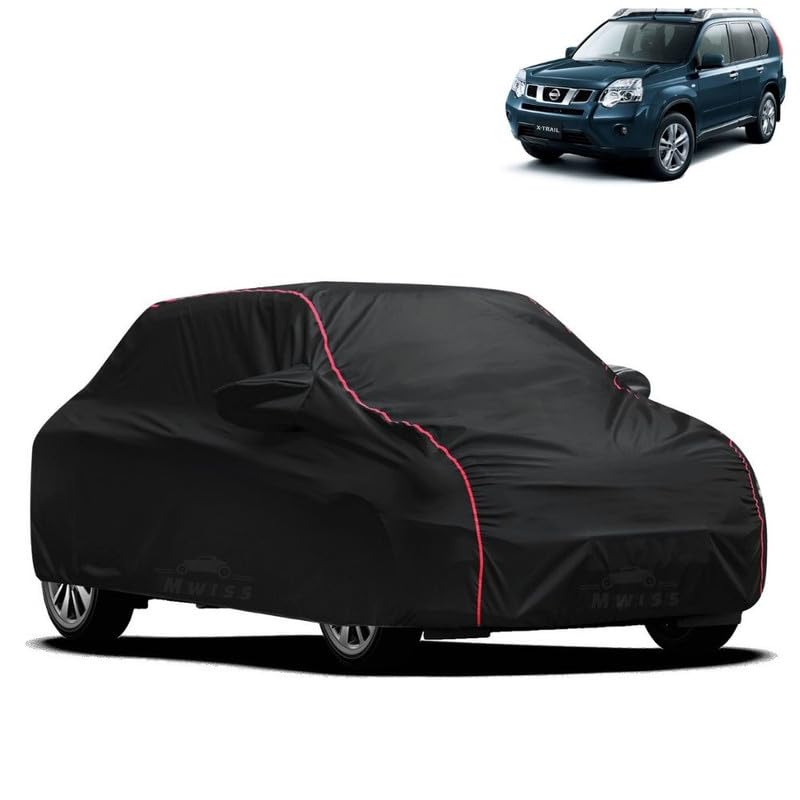 Image of Waterproof Car Cover for Nissan X-Trail | All-Weather Protection, Dustproof & UV Resistant | Triple Stitched Mirror Pockets, Windproof Buckle Strap with Elastic Hem, Black-Red Piping