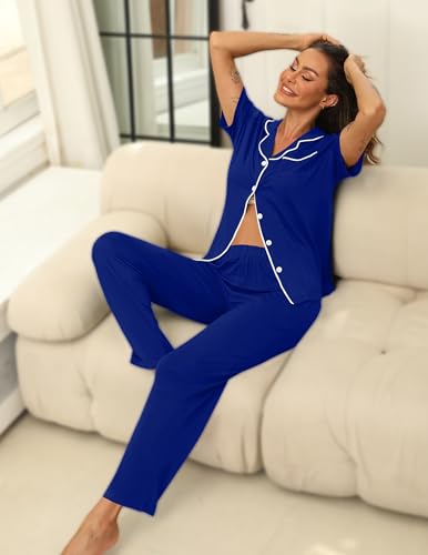 Image of HNG Women Pajamas Set 2 Piece Button Up Pajamas Pant and Short Sleeve Shirt for Woman Pj Sets with Pocket