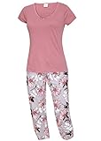 kbsocken Langer Damen Schlafanzug Nachtwäsche Pyjama Schlafhose Lange Hose mit Blumenmotiv T-Shirt Rosa S M L XL (L)