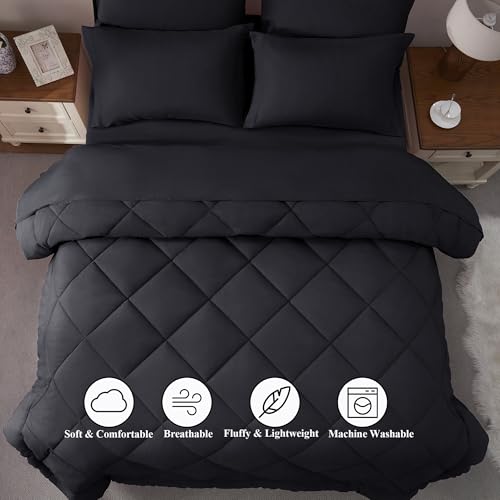 ELNIDO QUEEN® Full Comforter Set Black - 7 Pieces Bed in a Bag Full Size, Bed Set for All Seasons, Ultra Soft Bedding Sets with Comforter, Flat Sheet, Fitted Sheet, Pillowcases and Pillow Shams