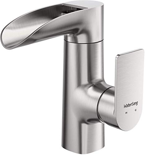 WaterSong Bathroom Sink Faucet - Waterfall Faucet for Bathroom Sink Brushed Nickel, Single Handle Bathroom Faucet 1 Hole, RV Deck Mount Basin Faucet Vessel Faucet, 360° Rotatable Head, 100% Lead-Free