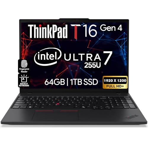 Image of Lenovo ThinkPad T16 Gen 4 Business Laptop, 16 inch WUXGA IPS Display, Intel Core Ultra 7 255U (Beats i7-1355U), 64GB DDR5 RAM, 1TB SSD, WiFi 6E, Backlit KB, Fingerprint Reader, Windows 11 Pro - Black