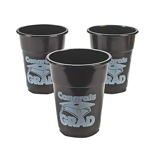 Fun Express Black Congrats Grad Disposable Cups - Bulk Set of 50 Plastic Cups, Each Holds 16 oz -Graduation Party Supplies