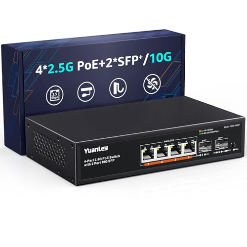 Image of YuanLey 6 Port 2.5G PoE Switch Unmanaged, 4 x 2.5G Base-T PoE Ports, 2 x 10G SFP, IEEE802.3af /at, 78W, Compatible with 100 /1000 /2500Mbps, Metal Fanless, Desktop /Wall Mount 2.5Gbe Network Switch