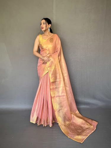 Image of SWORNOF Gold-Toned Woven Design Silk Zari Tissue Saree | Saree for Women | Soft and Skin Friendly