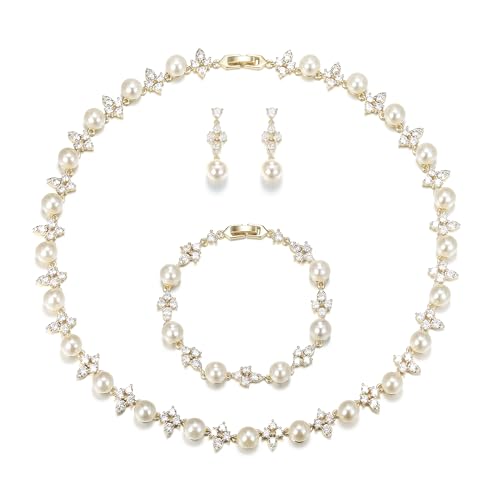 Cubic Zirconia Faux Pearl Flower Bridal Prom Jewelry for Bride Bridesmaid
